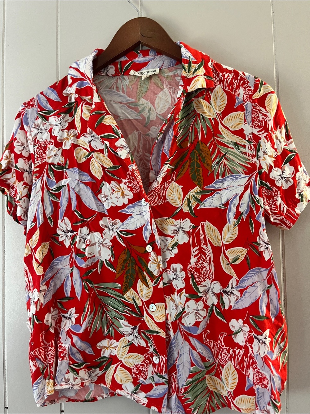 Christian Siriano Red Floral Short-Sleeve Button Shirt
